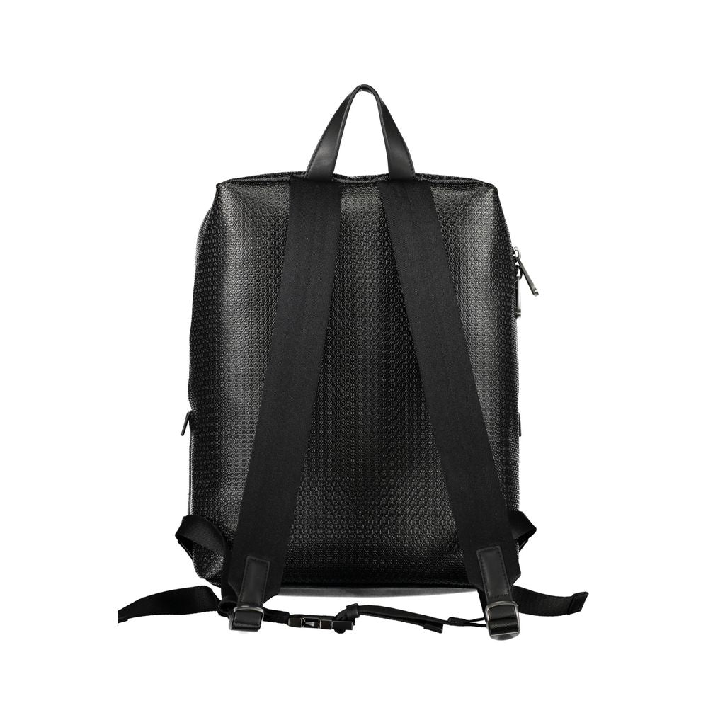 Calvin Klein Black Polyester Backpack with adjustable straps and handle, shown from the back, featuring sturdy design and sleek look.