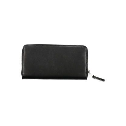 Calvin Klein Black Polyester Wallet with zip closure, contrasting details, and multiple compartments. Eco-friendly design with logo.