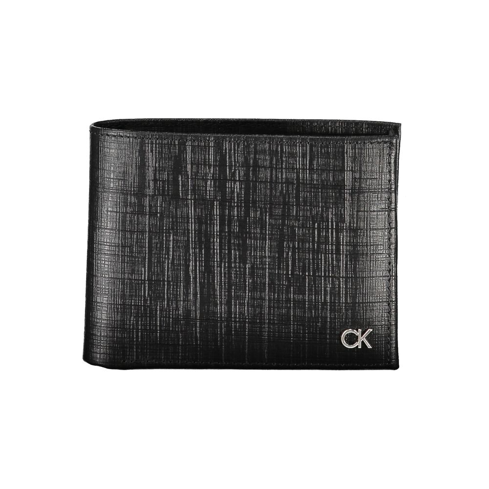 Calvin Klein Black Leather Wallet with logo, featuring RFID blocking, 2 compartments, coin purse, and card spaces.