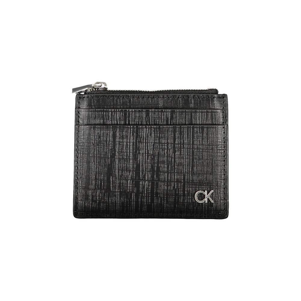 Calvin Klein Black Leather Wallet with card holder, central pocket, zip closure, and logo