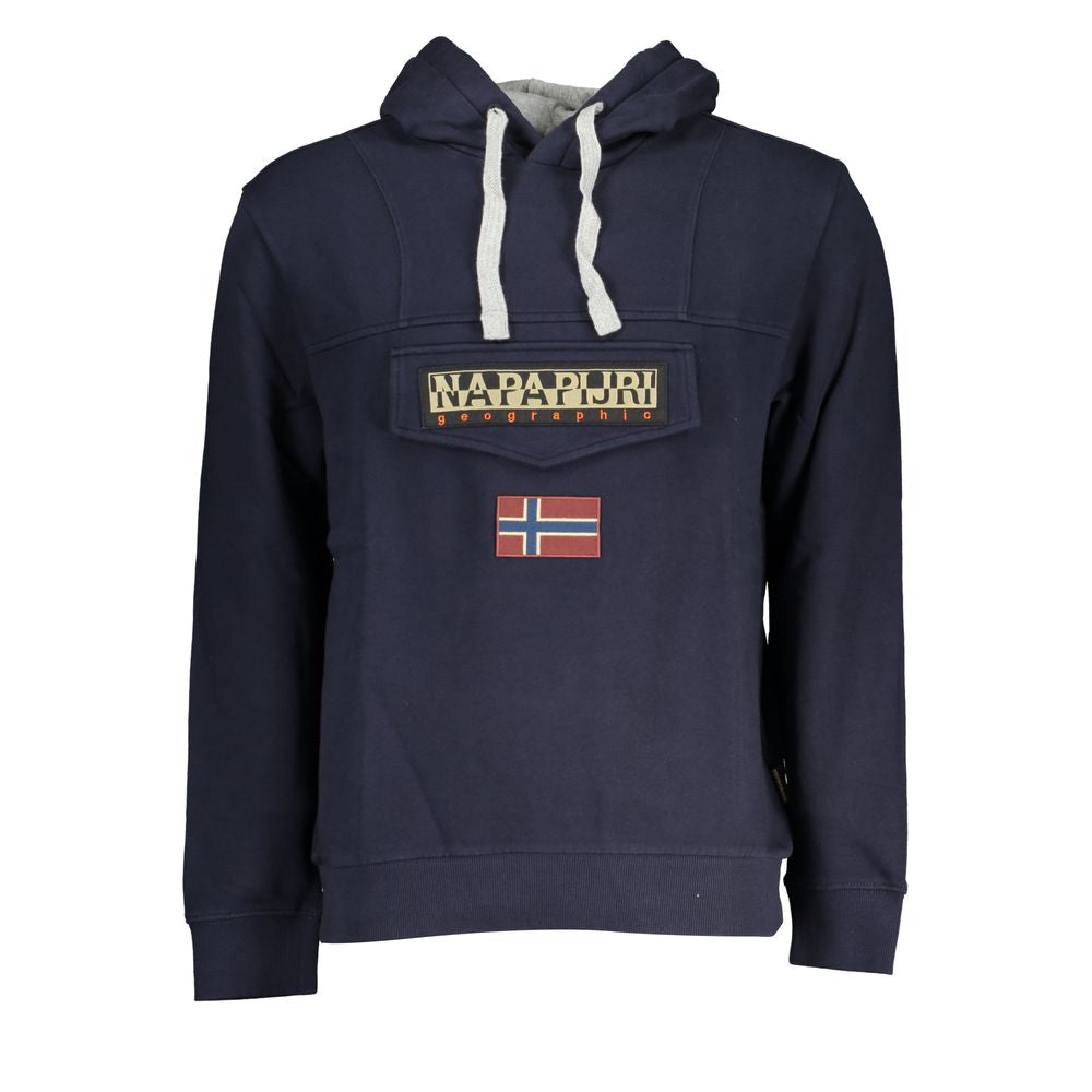 Napapijri Blue Cotton Men Sweater with logo and contrast details, featuring a cozy hood and central pocket for casual style and comfort.
