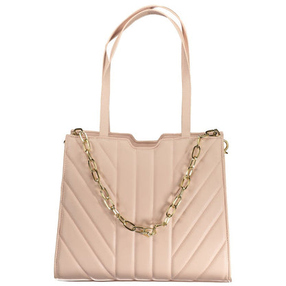 Mario Valentino Pink Polyethylene Handbag with shoulder handles and removable chain, featuring compartments and logo details.