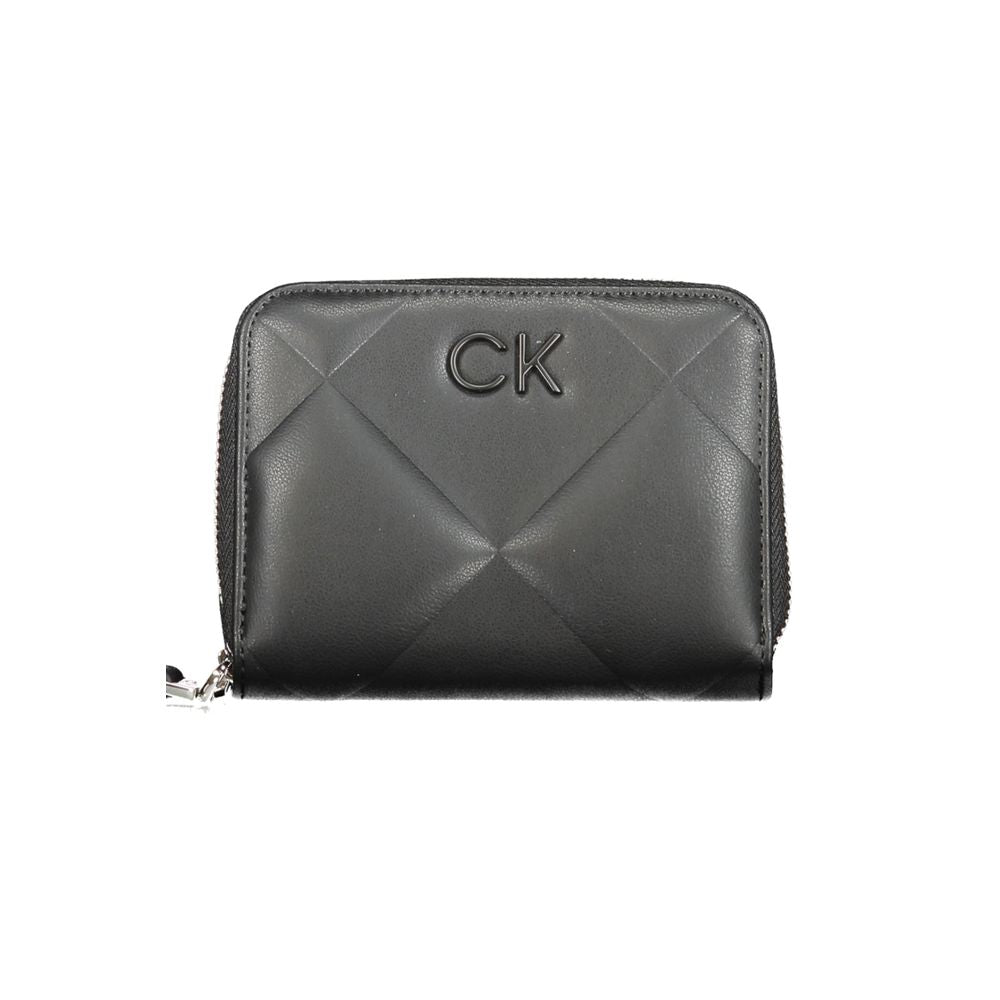 Calvin Klein Black Polyester Wallet featuring RFID blocking, zip closure, card slots, coin purse, and contrasting details.