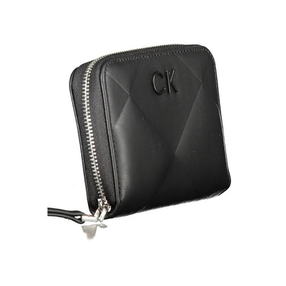 Calvin Klein Black Polyester Wallet with zip closure, card slots, coin purse, RFID blocking, recycled material, and logo detail.