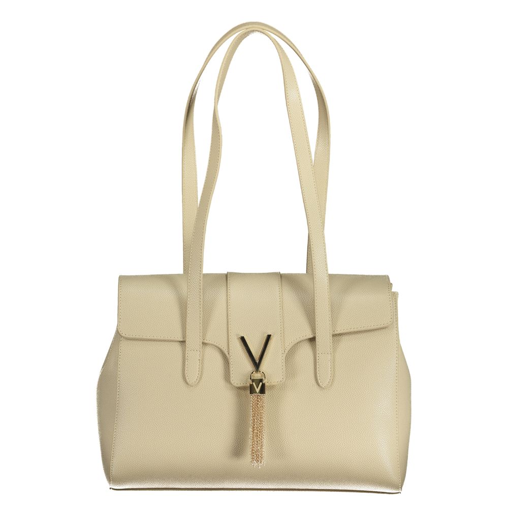 Mario Valentino Beige Polyethylene Handbag with shoulder handles, logo, and multiple compartments on a white background.