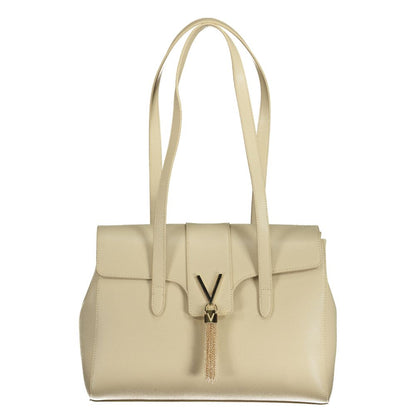 Mario Valentino Beige Polyethylene Handbag with shoulder handles, logo, and multiple compartments on a white background.