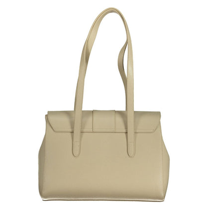 Mario Valentino Beige Polyethylene Handbag with two shoulder handles and multiple internal pockets, featuring contrast detail.