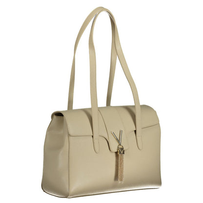 Mario Valentino Beige Polyethylene Handbag with shoulder handles, compartments, and logo detail.