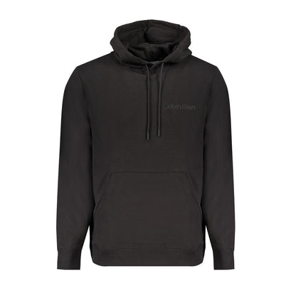 Calvin Klein Black Cotton Men Sweater with hood, featuring brushed finish, central pocket, and logo design. Eco-friendly cotton.