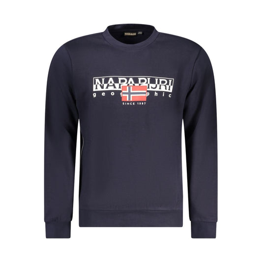 Napapijri Blue Cotton Men Sweater with logo and long sleeves, crew neck, and distinctive print for stylish comfort.