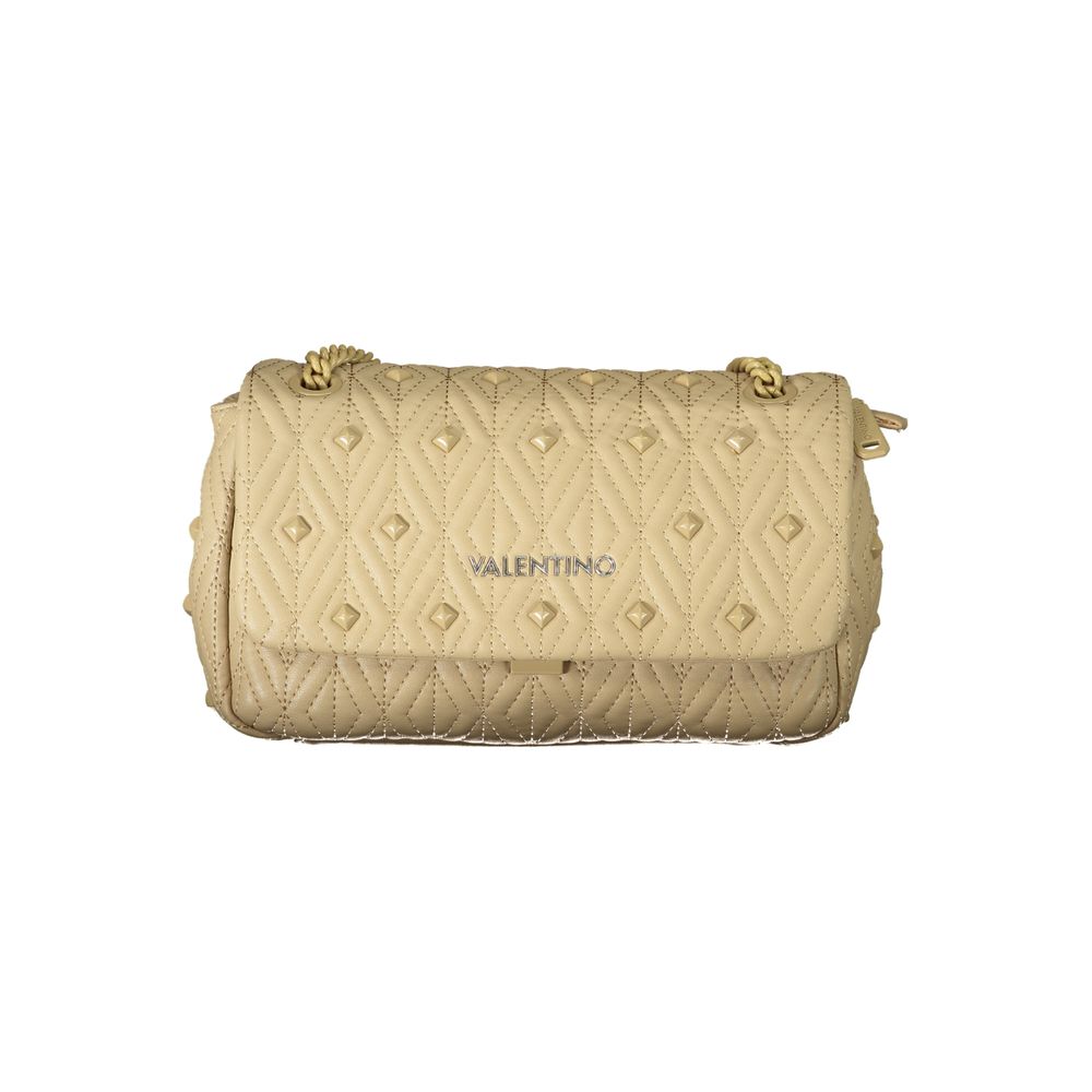 Mario Valentino Beige Polyester Handbag with chain shoulder strap, contrasting details, and logo; features zip and clip closure.