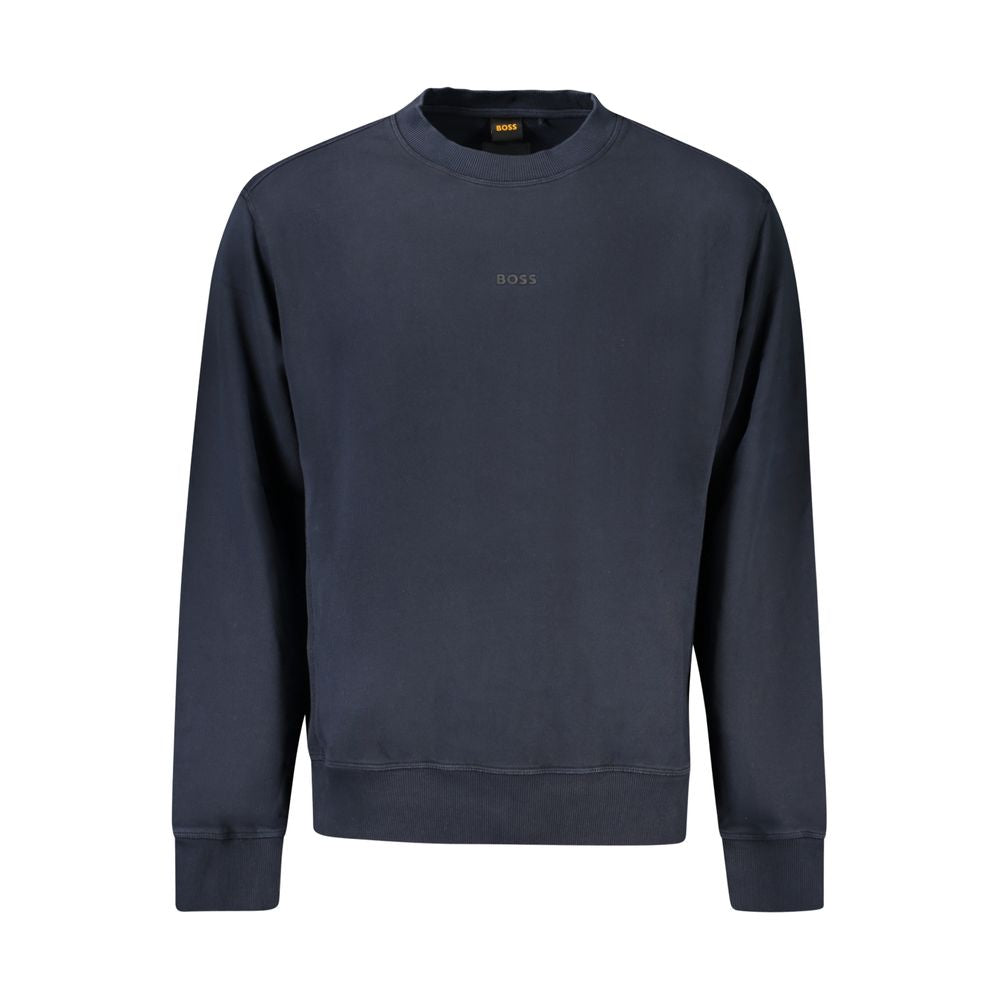 Hugo Boss Blue Cotton Men Sweater with logo print, crew neck, and brushed interior for comfort.