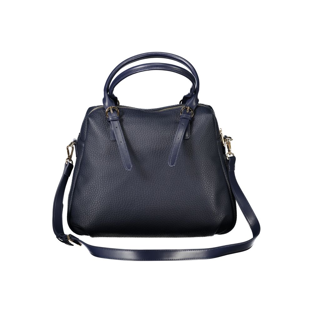 Alt Tag: Mario Valentino Blue Polyethylene Handbag with adjustable handles and removable strap. Features internal pocket and zip closure.
