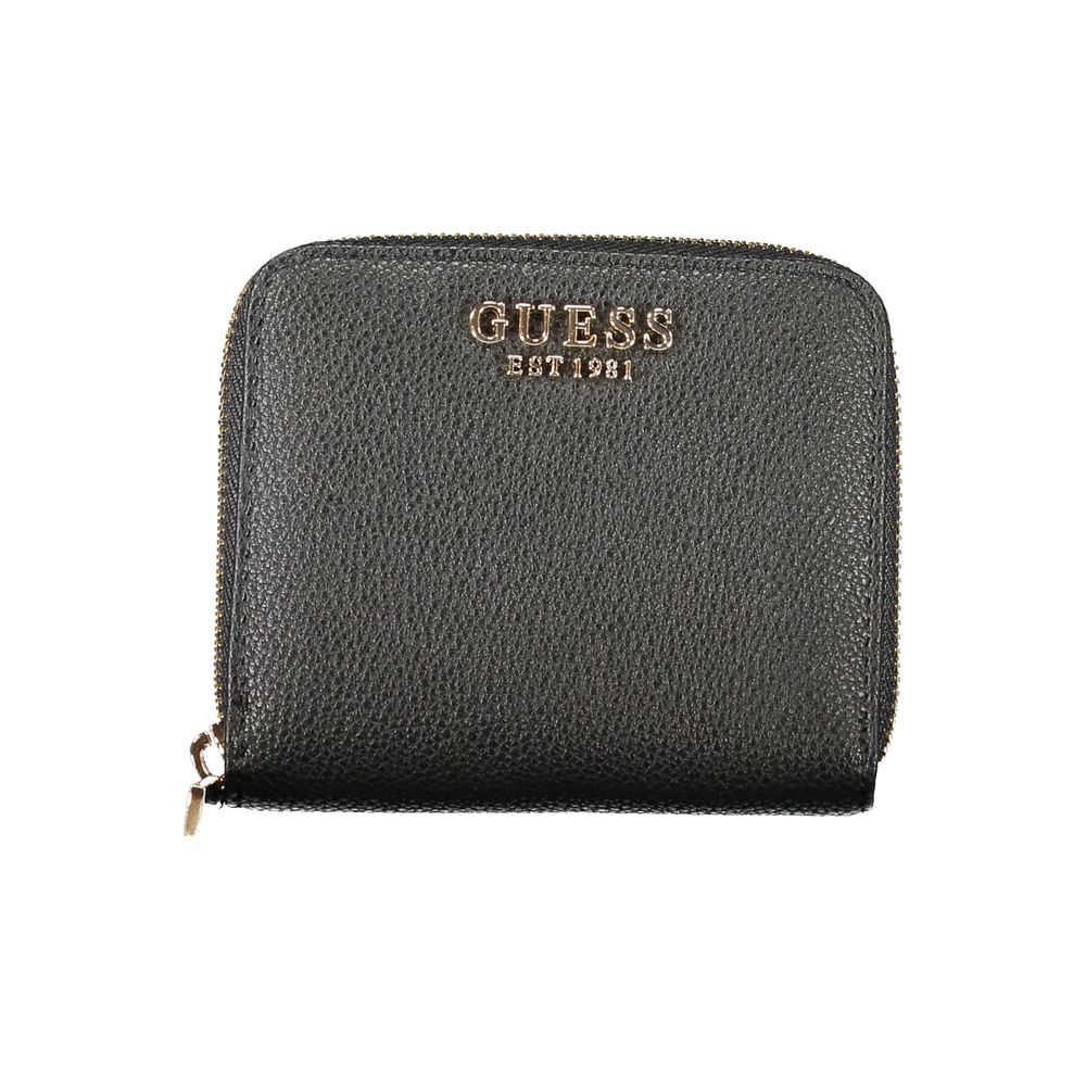 Guess Jeans Black Polyethylene Wallet with zip closure, card spaces, and coin purse, featuring a logo design.