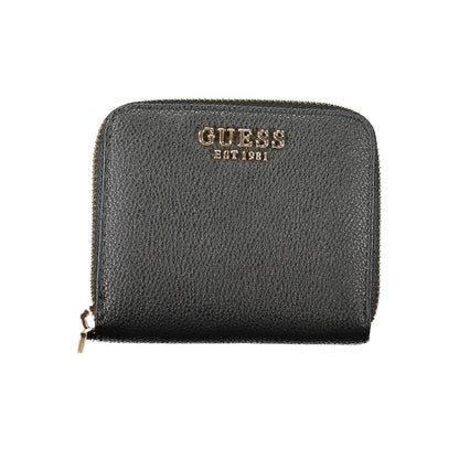 Guess Jeans Black Polyethylene Wallet with zip closure, card spaces, and coin purse, featuring a logo design.