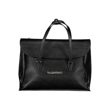 Mario Valentino Black Polyethylene Handbag with logo, two handles, and adjustable strap, featuring laptop and phone holders, snap closure.