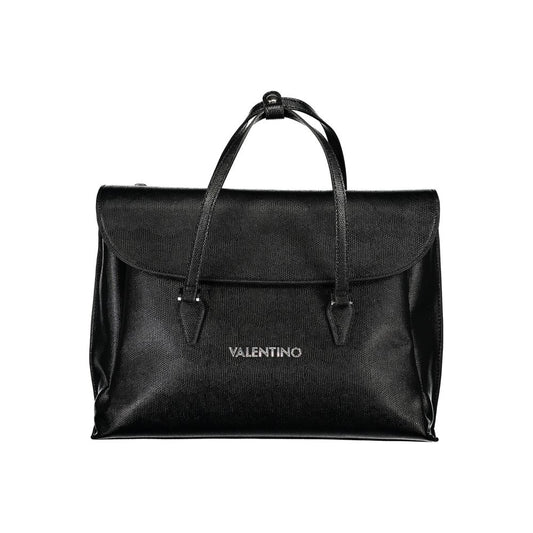 Mario Valentino Black Polyethylene Handbag with logo, two handles, and adjustable strap, featuring laptop and phone holders, snap closure.