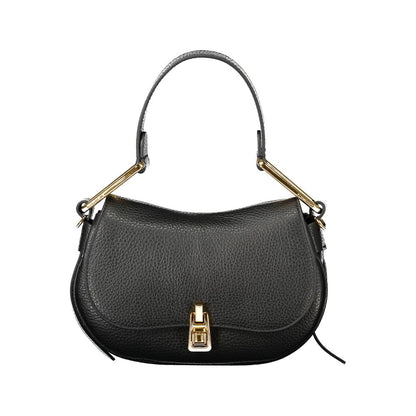 Coccinelle Black Leather Handbag with adjustable strap, internal pocket, twist closure, and logo.