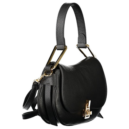 Coccinelle Black Leather Handbag with twist closure, adjustable strap, internal pocket, and logo.