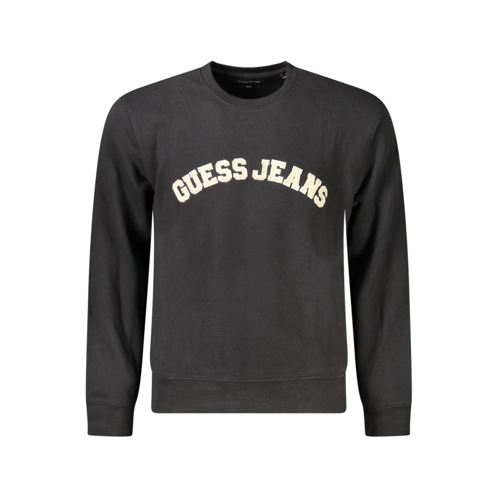 Guess Jeans Black Cotton Men Sweater with logo on front, crew neck design, and slim fit, perfect for bold fashion statements.