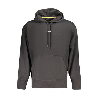 Hugo Boss Black Cotton Men Sweater with hood and central pocket, showcasing luxury and style in sleek black for cooler days.