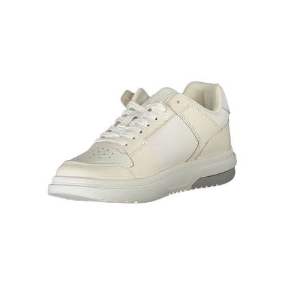 Tommy Hilfiger White Polyester Sneaker with laces and logo, featuring contrast details. Ideal for sports footwear enthusiasts.