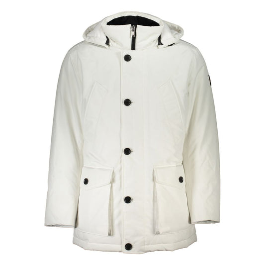 Hugo Boss White Polyamide Men's Jacket with removable hood and multiple pockets, showcasing sophistication and utility in outerwear design.
