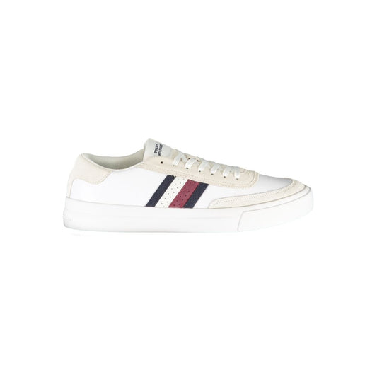 Tommy Hilfiger White Polyester Sneaker with stripes and logo, sports footwear with laces and contrast details.