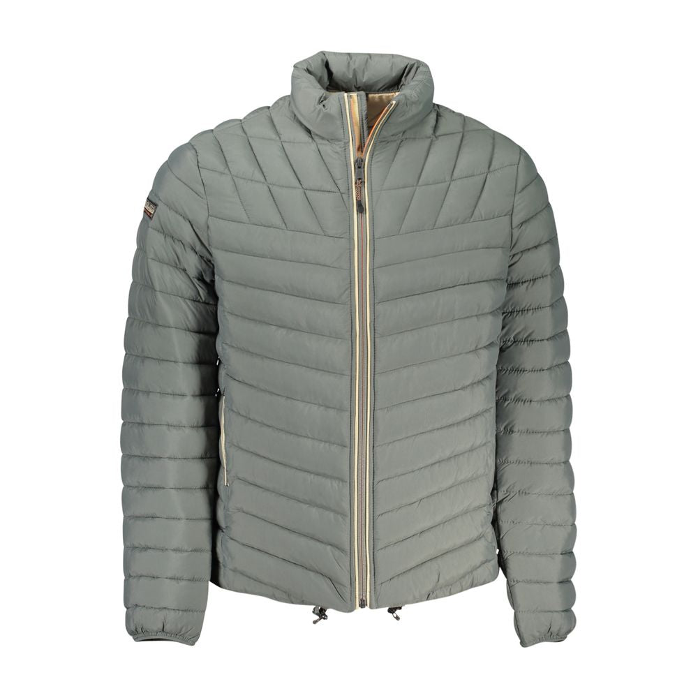 Napapijri Green Polyamide Men Jacket with long sleeves, external and internal pockets, featuring a pronounced logo for a stylish outerwear choice.