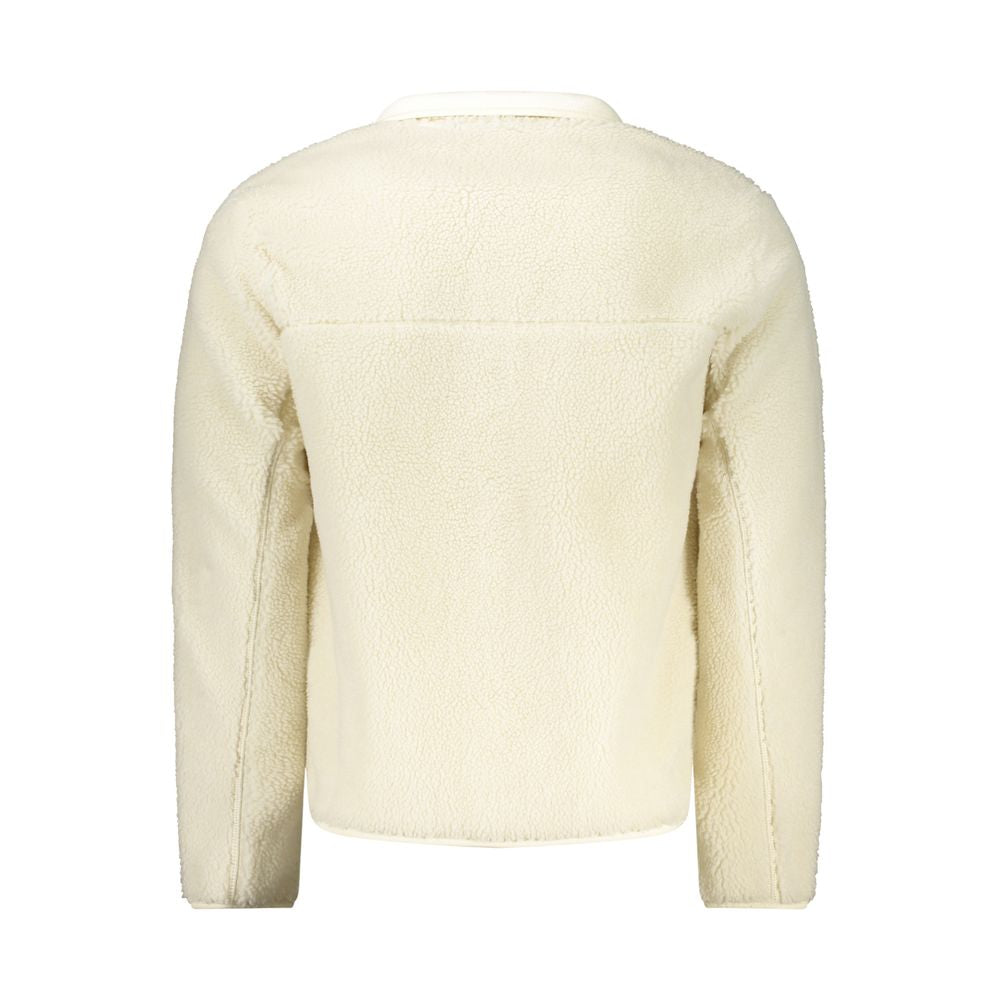 Back view of Napapijri White Polyester Men Jacket with fleece texture and long sleeves, showcasing eco-conscious design.