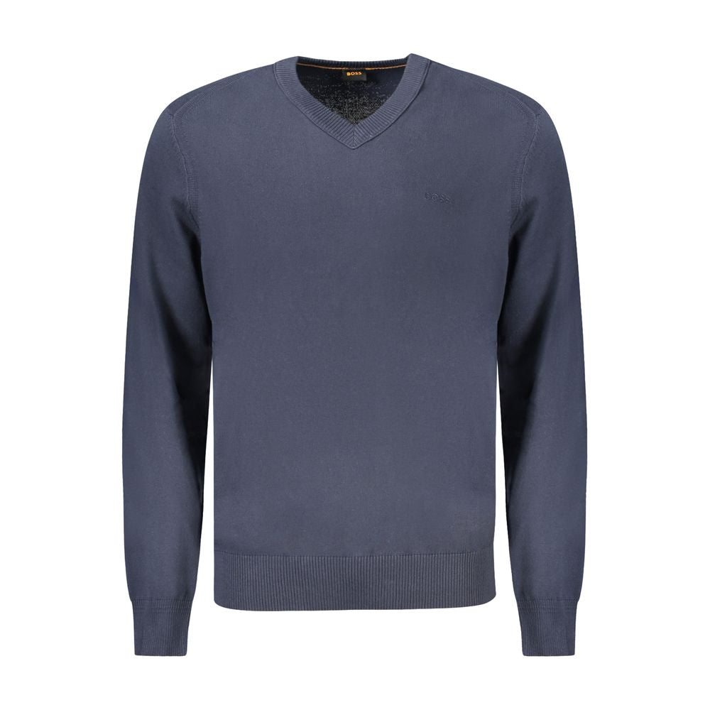 Hugo Boss Blue Cotton Sweater - Long-sleeved V-neck T-shirt with embroidery logo
