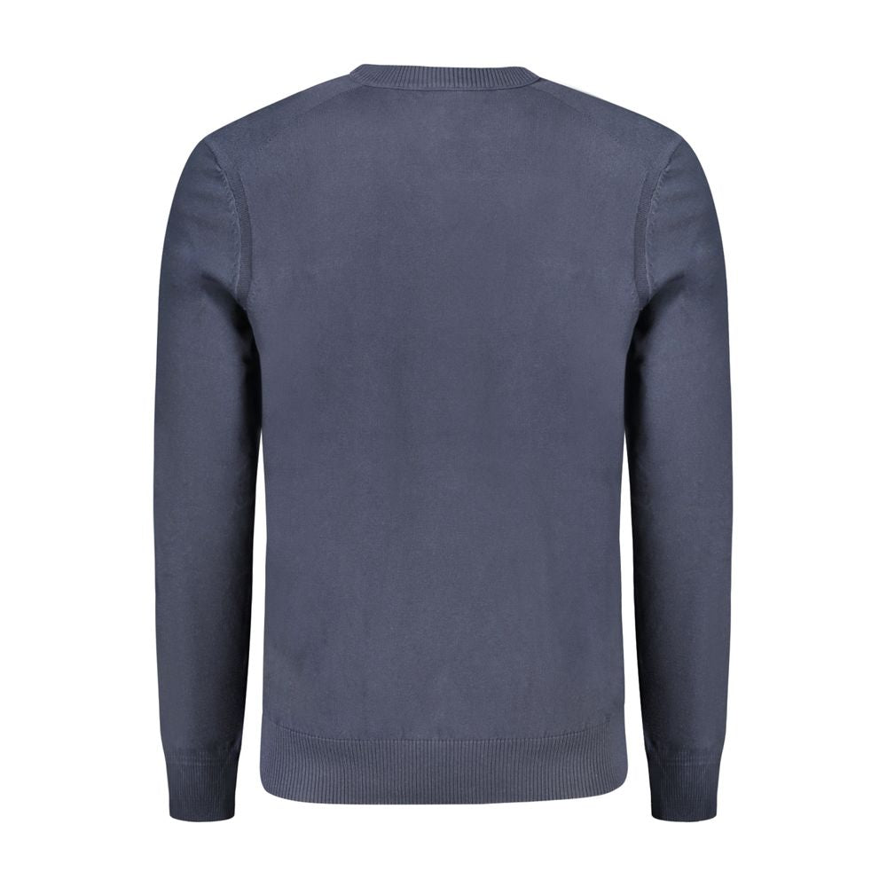 Back view of Hugo Boss Blue Cotton Sweater with long sleeves, V-neck, and logo embroidery.