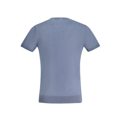 Back view of Guess Jeans Blue Cotton Sweater, short-sleeved with a crew neck and logo embroidery.