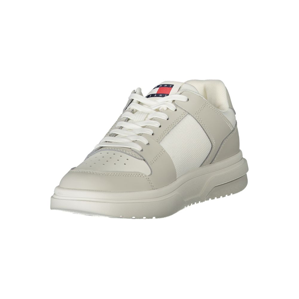 Tommy Hilfiger White Polyester Sneaker, sports shoe with laces, grey contrasting details, removable footbed, logo print design