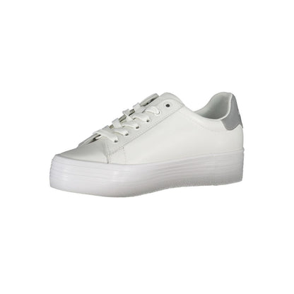 Calvin Klein White Polyester Sneaker with laces and logo, 100% recycled material, sports style with contrasting details.