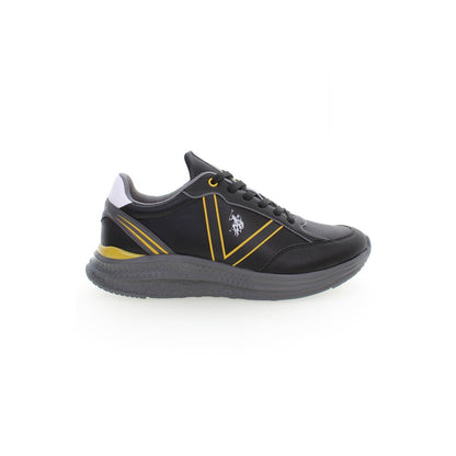 U.S. POLO ASSN. Black Polyester Sneaker, sports shoe with laces, contrasting details, logo on side view.