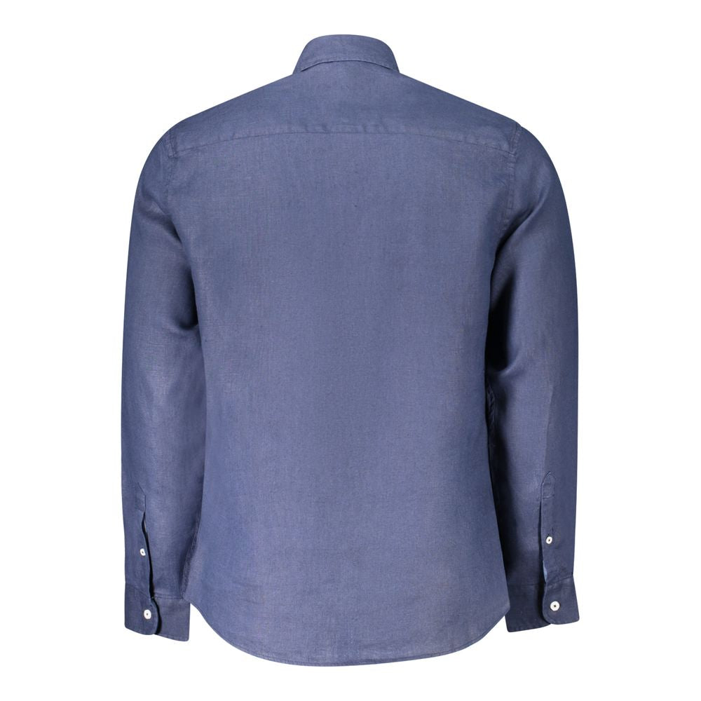 North Sails Blue Linen Shirt with long sleeves, Italian collar, and button cuffs, featuring logo embroidery, ocean positive design.
