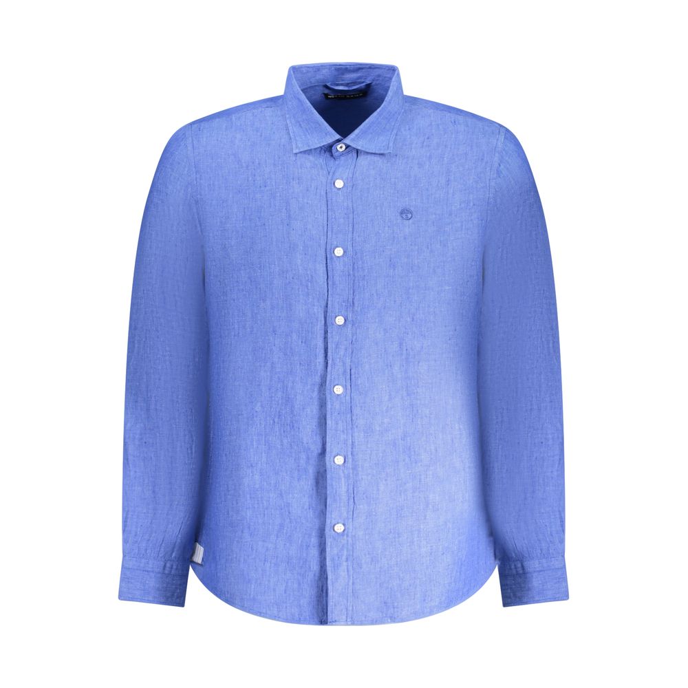 North Sails Blue Linen Shirt with long sleeves and Italian collar, featuring embroidery and logo, ocean positive design.