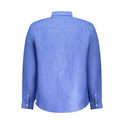 Back view of North Sails Blue Linen Shirt with long sleeves and Italian collar, featuring embroidery and logo.