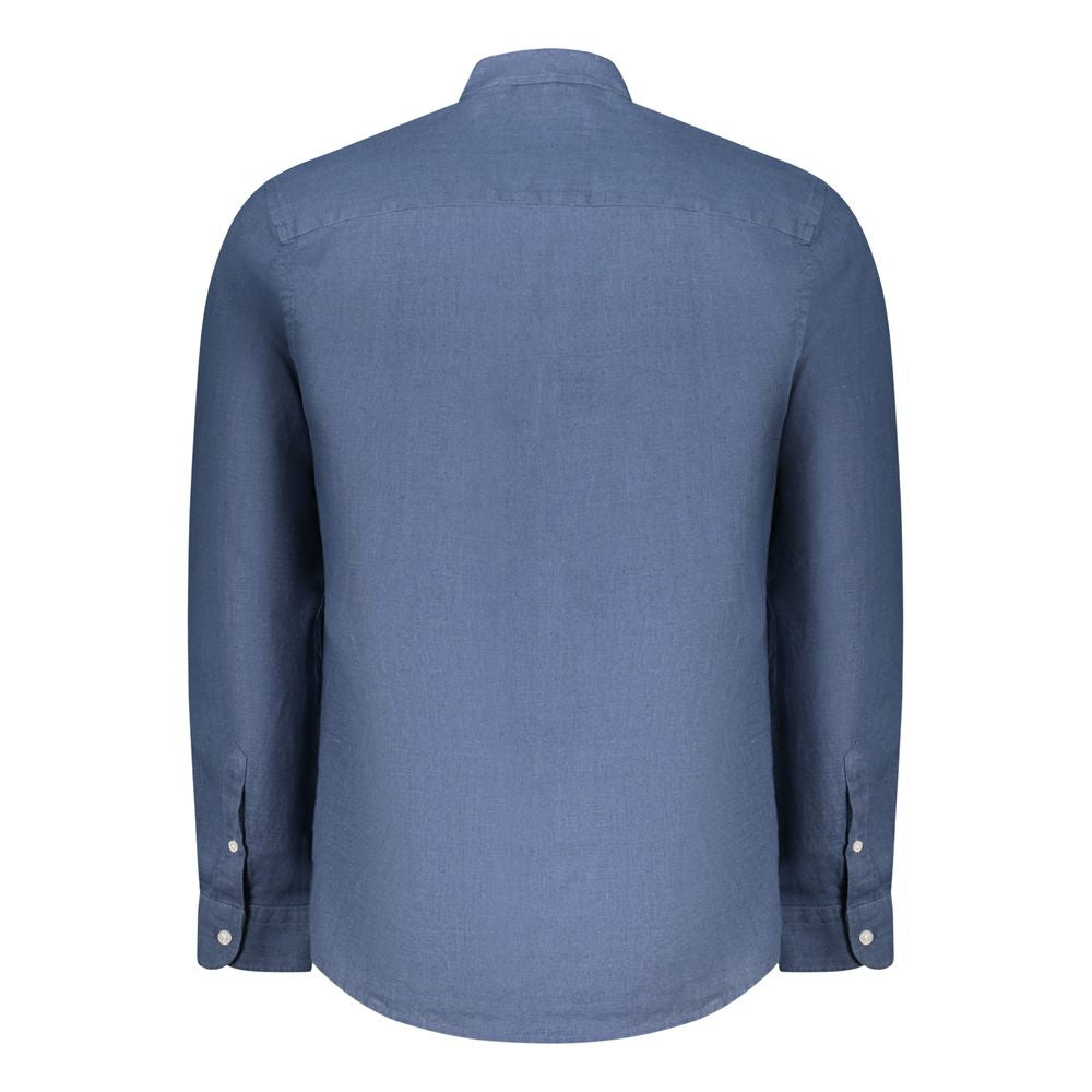 Back view of North Sails Blue Linen Shirt with long sleeves and Korean collar, featuring embroidery and logo.
