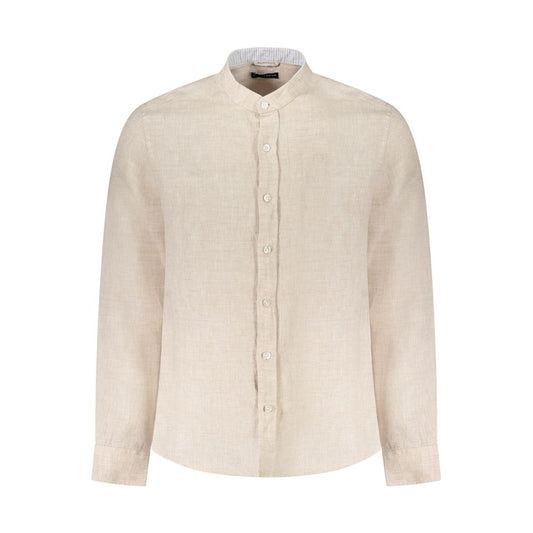 North Sails Beige Linen Shirt with Korean collar, long sleeves, button cuffs, and logo embroidery for an Ocean Positive style.