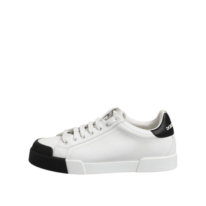 Dolce & Gabbana White Black Logo Leather Lace Up Sneakers Shoes