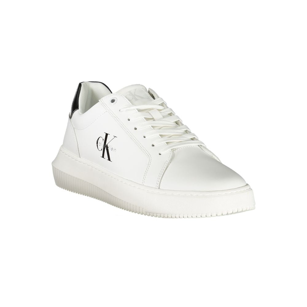 Calvin Klein White Leather Men Sneaker with black accents and logo, modern street style shoe with removable footbed and lace-up design.