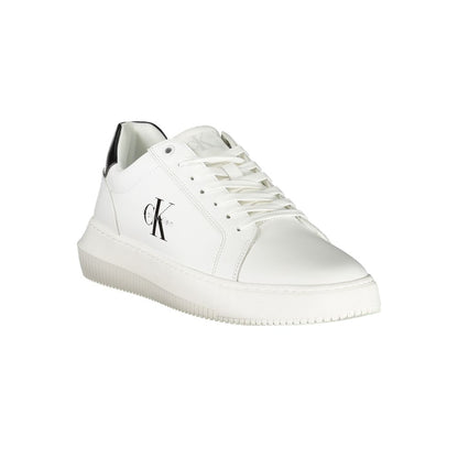 Calvin Klein White Leather Men Sneaker with black accents and logo, modern street style shoe with removable footbed and lace-up design.