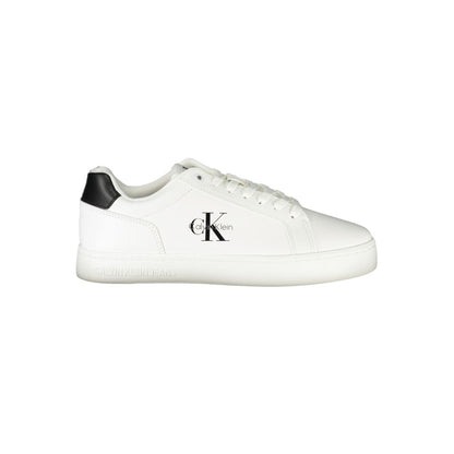 Calvin Klein White Leather Men Sneaker with black accents and logo, showcasing stylish design and comfort.