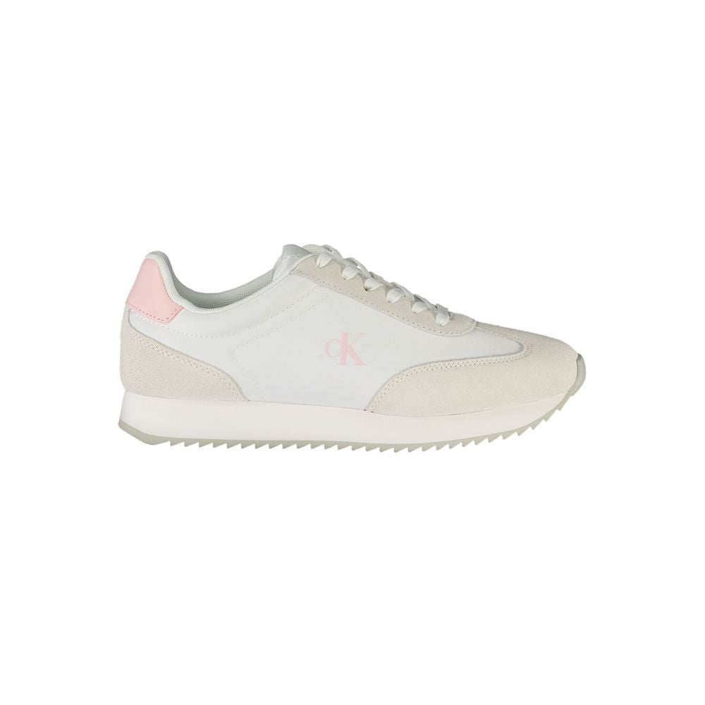 Calvin Klein White Leather Women Sneaker with pink accents and logo, showcasing modern style and comfort in a durable design.