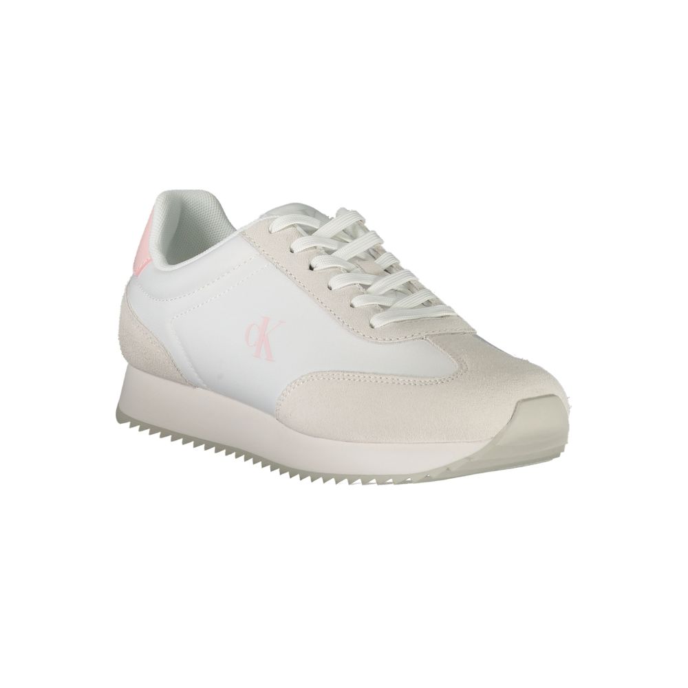 Calvin Klein White Leather Women Sneaker with pink accents and logo, showcasing modern style and comfort in a durable design.