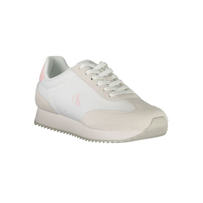 Calvin Klein White Leather Women Sneaker with pink accents and logo, showcasing modern style and comfort in a durable design.