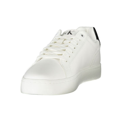 Calvin Klein White Leather Men Sneaker with black accents and designer logo, offering style and comfort with a removable footbed.
