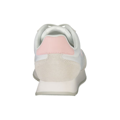 Back view of Calvin Klein White Leather Women Sneaker with pink accents and logo
